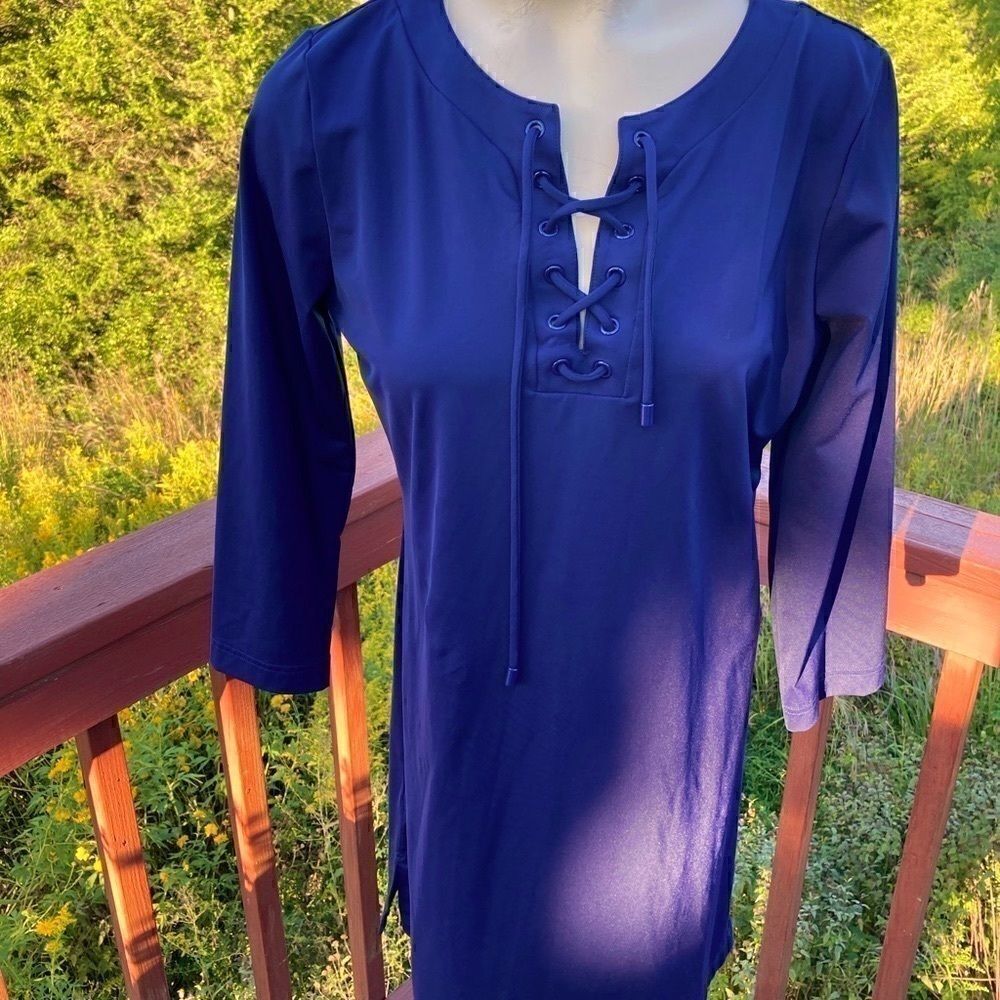 Land’s End swimsuit coverup day dress lace up grommets tie navy blue Size Small